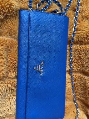 Prada Bright Blue Saffiano Crossbody Wallet with Chain Strap